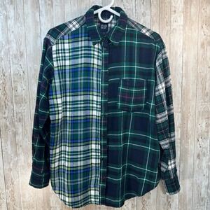 GAP Womens Multi Print Plaid Green & Blue Flannel Oversized Shirt size XS Fits L